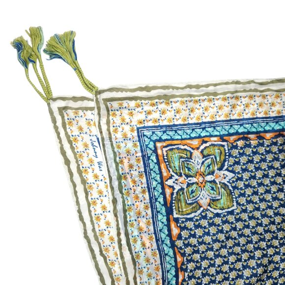 Johnny Was Silk Square Scarf Tasseled Floral Blue Multicolor Boho Bohemian Twee - Picture 5 of 6